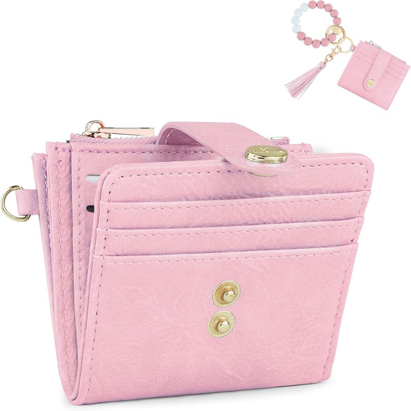 Sunpour Small Wristlet Wallets for Women Keychain Wristlet Wallet RFID Blocking Key Chain Wallet With Zipper Coin Pocket,2 Id Window(Pink) - Image 1